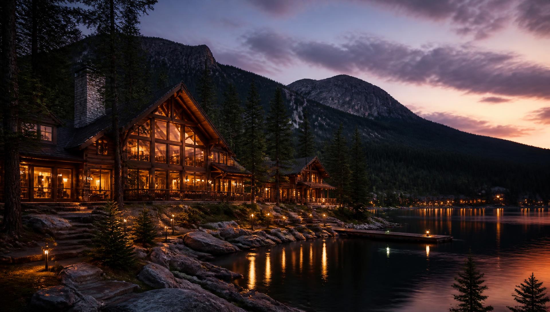 Daragan Cabins lodge glowing at dusk beside a mountain lake